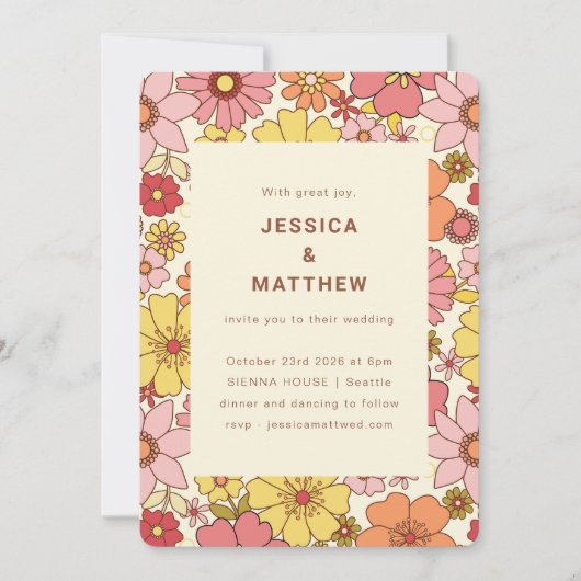 Retro Boho Pink Yellow Floral Groovy Wedding Kaart (Voorkant)