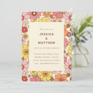 Retro Boho Pink Yellow Floral Groovy Wedding Kaart