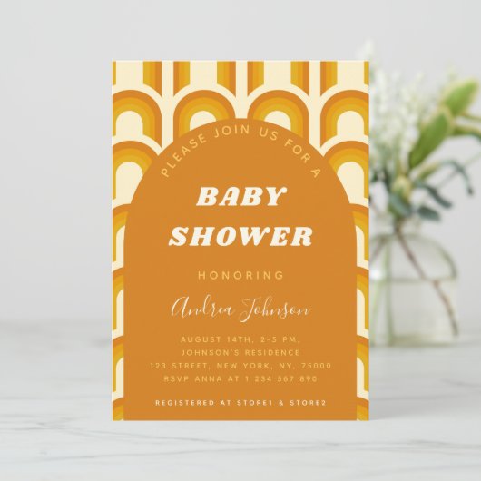 Retro Boho Rainbow Arch 60s 70s Oranje Baby shower Kaart (Staand voorkant)