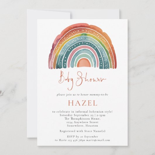 Retro Boho Rainbow Script Bohemian Baby shower Kaart (Voorkant)