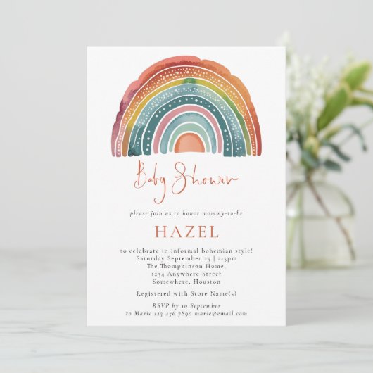 Retro Boho Rainbow Script Bohemian Baby shower Kaart (Staand voorkant)