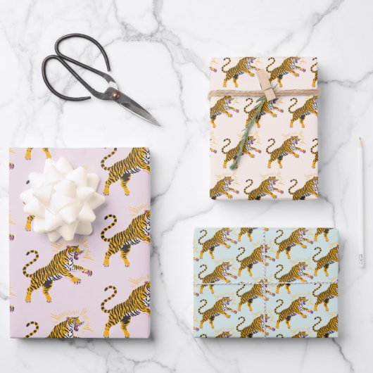 Retro Boho Roaring Tiger Orange Pink Inpakpapier Vel (Voorkant)