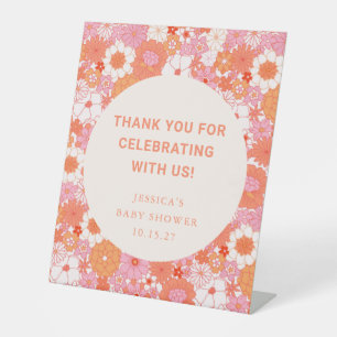 Retro Boho Roze Bloemen Custom Baby shower Bedankt Reclamebord Met Voetstuk