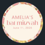 Retro Boho Roze Bloemen Groovy Bat Mitzvah Custom Ronde Sticker<br><div class="desc">Retro Boho Roze Gele Bloemen Groovy Custom Bat Mitzvah Classic Ronde Sticker</div>