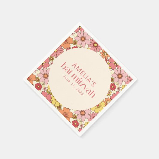 Retro Boho Roze Bloemen Groovy Bat Mitzvah Custom Servet (Hoek)