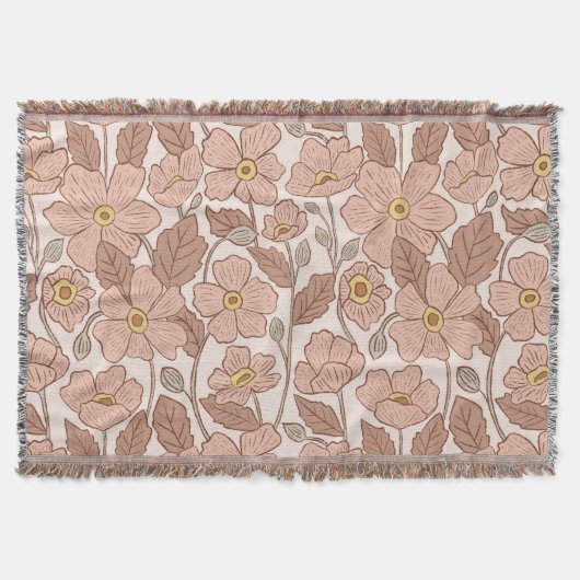 Retro Boho Roze Botanische Geïllustreerde Bloem Deken (Voorkant)