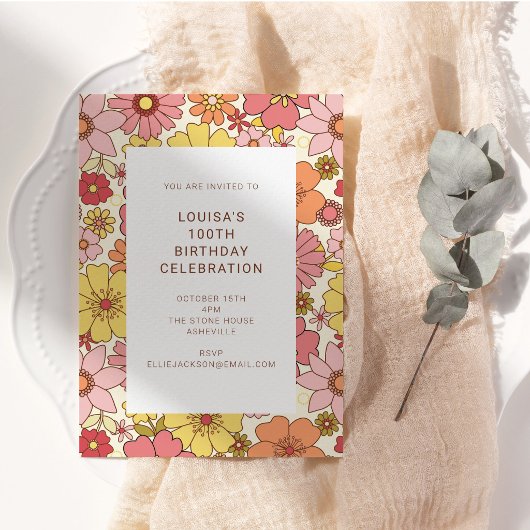 Retro Boho Roze Geel Bloemstuk 100ste Verjaardagsf Kaart