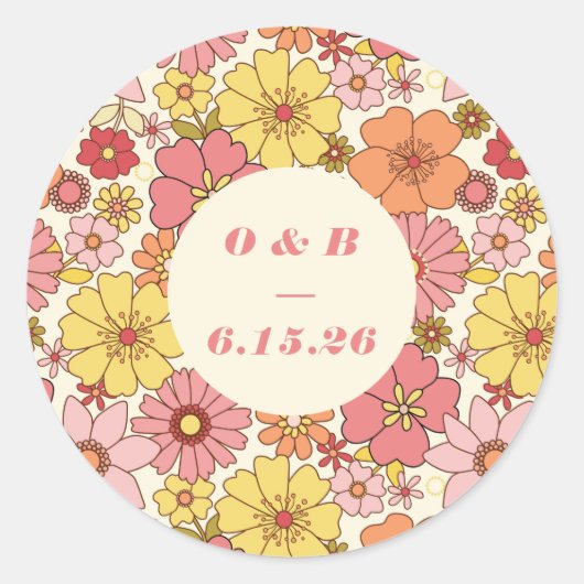 Retro Boho Roze Geel Bloemstuk Bruiloft Monogram Ronde Sticker (Voorkant)