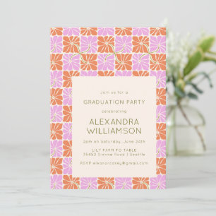 Retro Boho Roze Oranje Bloemige Afstudeerfeest Kaart