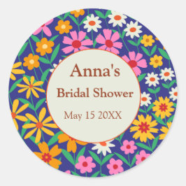 Retro Boho Roze Oranje Bloemige Bruiloft Feest  Ronde Sticker