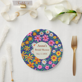 Retro Boho Roze Oranje Bloemige Bruiloftsborrel  Papieren Bordje