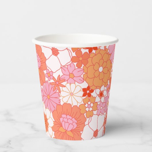 Retro Boho Roze Oranje Bloemige Mooie Bloemen Papieren Bekers (Voorkant)