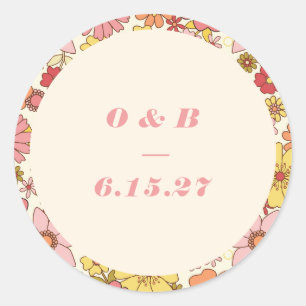Retro Boho Roze Oranje Bloemige Trouw Monogram Ronde Sticker