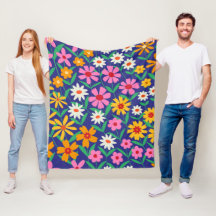 Retro Boho roze oranje bloempatroon op marineblauw
