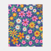 Retro Boho roze oranje bloempatroon op marineblauw Fleece Deken (Voorkant)