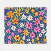 Retro Boho roze oranje bloempatroon op marineblauw Fleece Deken (Voorkant (Horizontaal))