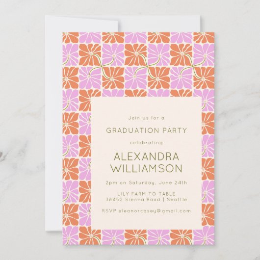Retro Boho Roze Sinaasappel Bloemen Afstudeerfeest Kaart (Voorkant)