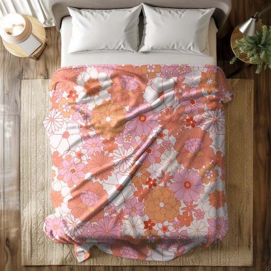 Retro Boho Roze Sinaasappel Bloemen Schattige Bloe Fleece Deken