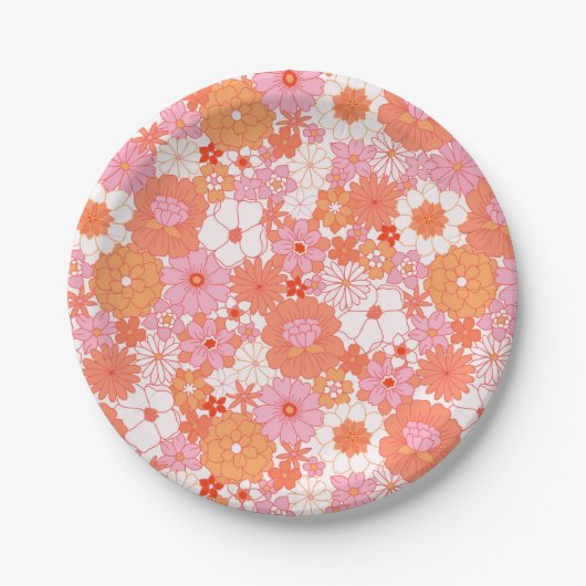 Retro Boho Roze Sinaasappel Bloemen Schattige Bloe Papieren Bordje (Voorkant)