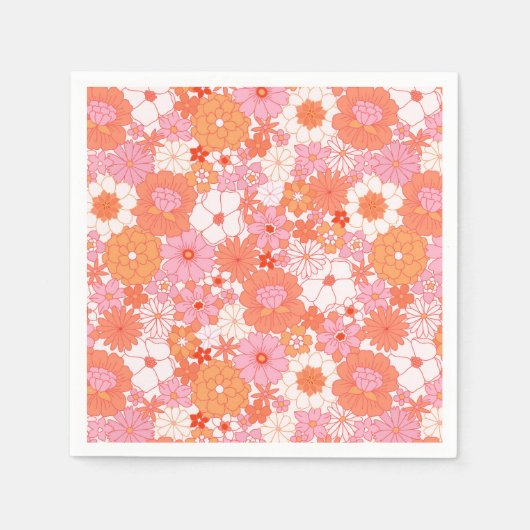 Retro Boho Roze Sinaasappel Bloemen Schattige Bloe Servet (Voorkant)