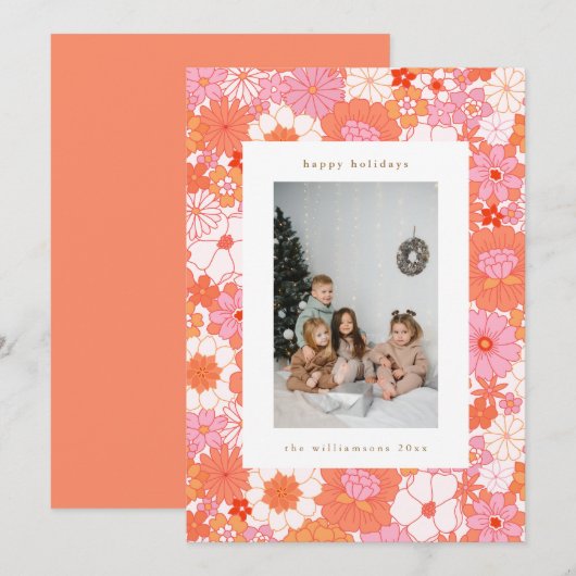 Retro Boho Roze Sinaasappel Bloemen Schattige Foto Feestdagenkaart (Voorkant / Achterkant)