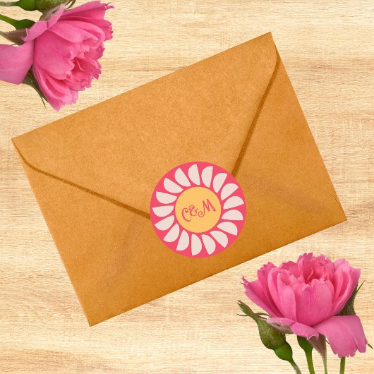 Retro Boho Roze & Sinaasappel bloemenbruiloft Mono Ronde Sticker