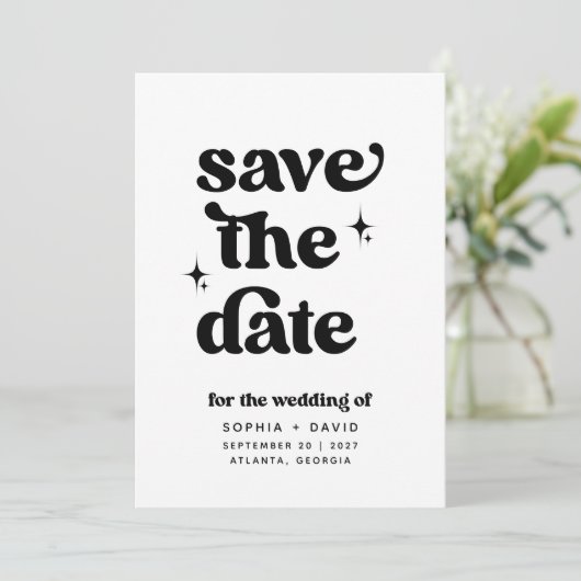 Retro Boho Save the Date Zwart en Wit Kaarten (Staand voorkant)