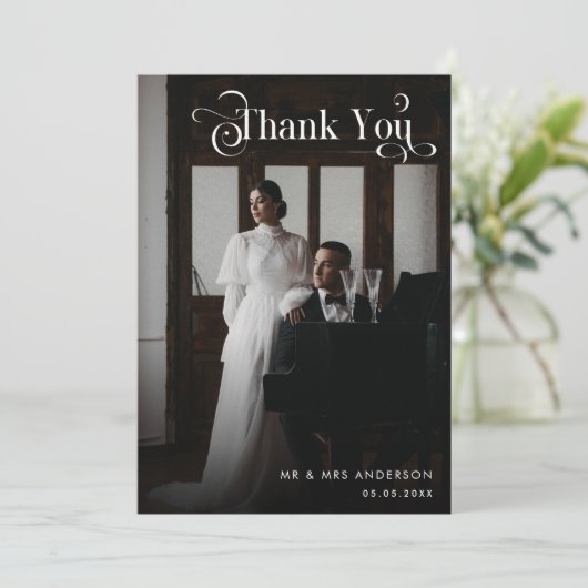 Retro  Boho Script Photo Black Wedding Bedankkaart (Staand voorkant)