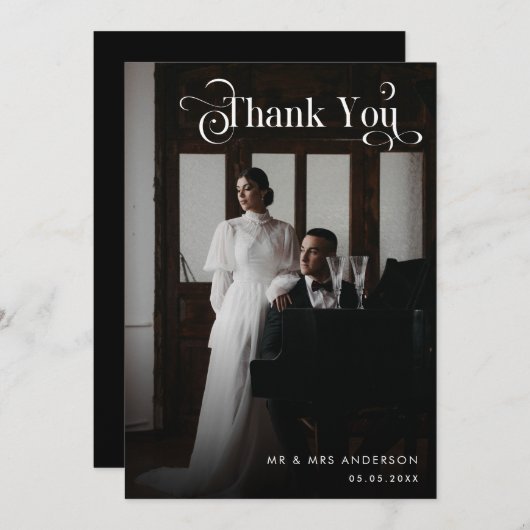 Retro  Boho Script Photo Black Wedding Bedankkaart (Voorkant / Achterkant)