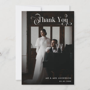Retro Boho Script Photo Black Wedding Bedankkaart