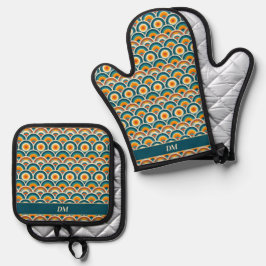 Retro Boho Sinaasappel Blauw Zonpatroon Monogram Ovenwant & Pannenlap Set