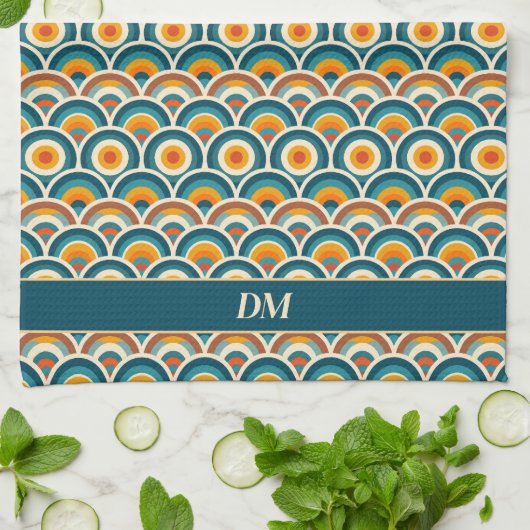 Retro Boho Sinaasappel Blauw Zonpatroon Monogram Theedoek (Gevouwen)