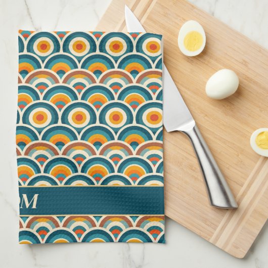 Retro Boho Sinaasappel Blauw Zonpatroon Monogram Theedoek (Quarter Fold)