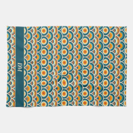 Retro Boho Sinaasappel Blauw Zonpatroon Monogram Theedoek