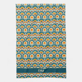 Retro Boho Sinaasappel Blauw Zonpatroon Monogram Theedoek (Verticaal)