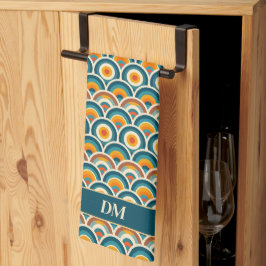Retro Boho Sinaasappel Blauw Zonpatroon Monogram Theedoek