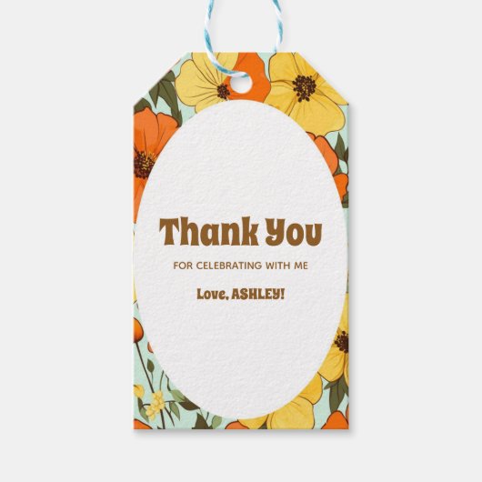 Retro Boho Sinaasappel Geel Bloemen Leuke Verjaard Cadeaulabel (Voorkant)