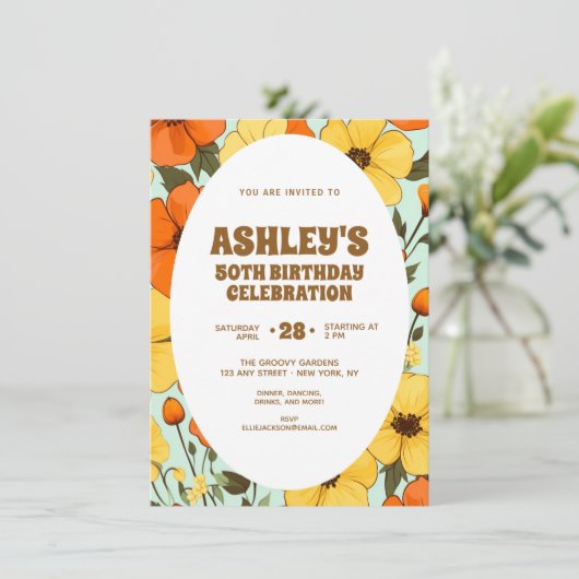 Retro Boho Sinaasappel Geel Bloemen Leuke Verjaard Kaart (Staand voorkant)