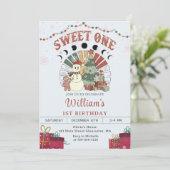 Retro Boho Sneeuwman Kerstboom 1e Verjaardag Kaart (Staand voorkant)