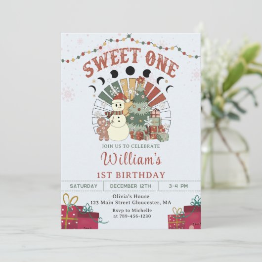 Retro Boho Sneeuwman Kerstboom 1e Verjaardag Kaart (Staand voorkant)