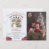 Retro Boho Sneeuwman Kerstboom Verjaardagsfoto Kaart (Voorkant)