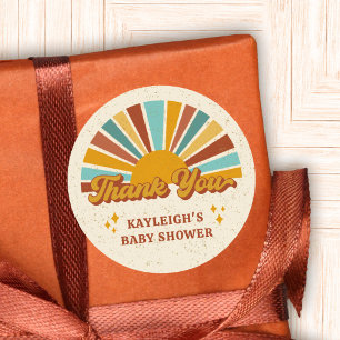 Retro Boho Sun Baby shower Dank je naam Ronde Sticker