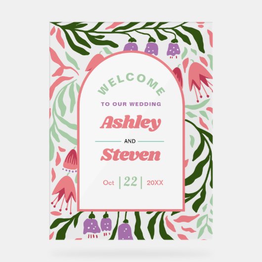 Retro boho takken met bloemen welkom huwelijk acryl bord (Voorkant)