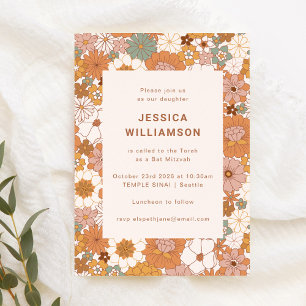 Retro Boho Terracotta Bloemstuk Cute Bat Mitzvah  Kaart