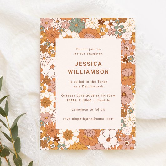 Retro Boho Terracotta Bloemstuk Cute Bat Mitzvah Kaart
