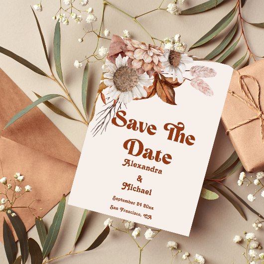 Retro Boho Terracotta Burnt Oranje Wedding Save The Date