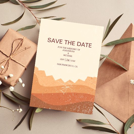 Retro Boho Terracotta Burnt Oranje Wedding Save The Date