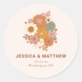 Retro Boho Terracotta Floral Custom Names Wedding Ronde Sticker