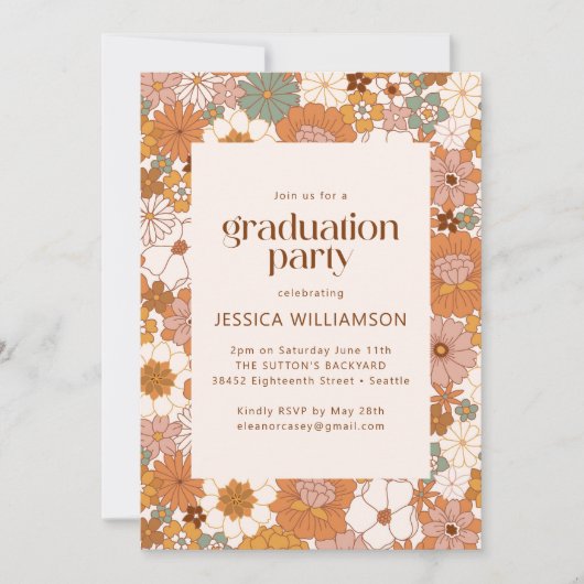 Retro Boho Terracotta Floral Cute Graduation Party Kaart (Voorkant)
