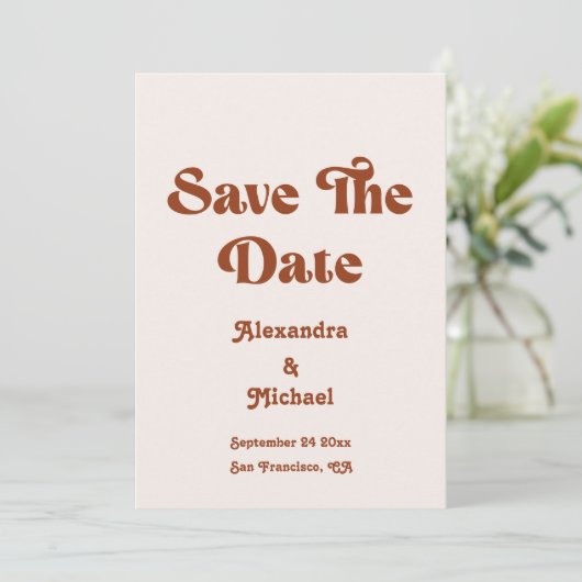 Retro Boho Terracotta verbrand Oranje bruiloft Save The Date (Staand voorkant)